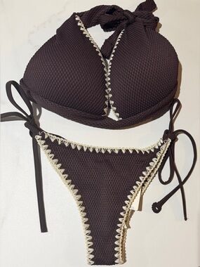 Calzedonia Dark Brown swim  Bikini set with Cream Crochet Trim